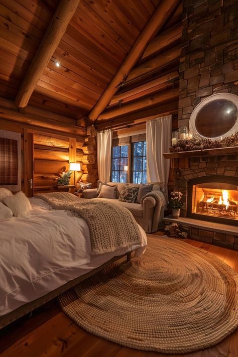 Cabin Style Ranch Home, Winter Lodge Bedroom, Log Cabin Inside, Rustic Bunk Beds Cozy Cabin, Ranch House Aesthetic Interior, Cabin Aesthetic Bedroom, Country House Aesthetic Interior, Cozy Winter Bedroom Ideas, Winter Cabin Bedroom