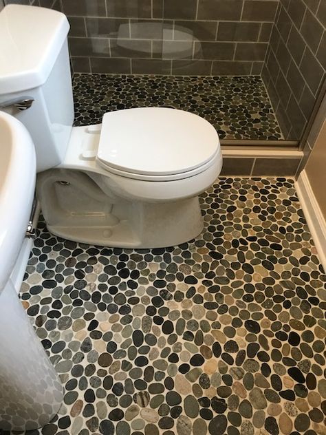 Stone Floor Bathroom, Shower Pan Tile, Bathroom Redecorating, Shower Renovation, Walk In Showers, Pebble Floor, Custom Tile Shower, Pebble Tile, Stone Bathroom