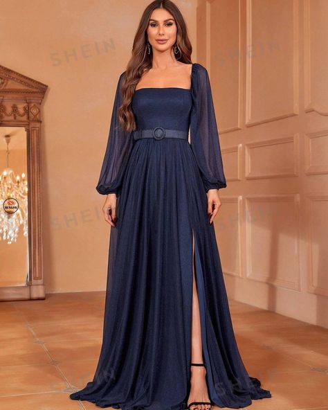 DENGSS Square Neck Lantern Sleeve Split Thigh Formal Dress https://dengss.clothing/dengss-square-neck-lantern-sleeve-split-thigh-formal-dress/?feed_id=19642&_unique_id=65e1d1d899127Color: Navy BluePattern Type: PlainType: A LineDetails: Belted, Zipper, Split ThighNeckline: Square NeckSleeve Length: Long SleeveSleeve Type: Bishop SleeveLength: MaxiHem Shaped: SlitWaist Line: High WaistFit Type: Regular FitFabric: Medium StretchMaterial: Knitted FabricComposition: 95% Polyester, 5% ElastaneCar... Dark Blue Gown, Vestidos Color Vino, Wedding Dresses For Kids, Navy Blue Bridesmaid Dresses, Wedding Dress Sequin, Sequin Wedding, Womens Prom Dresses, Blue Gown, Square Neck Dress