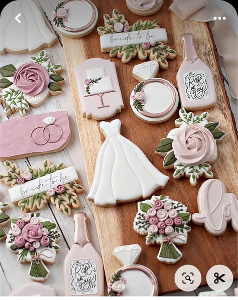 Wedding Theme Cookies, Petals And Prosecco Theme Cookies, Bridal Shower Cookies Decorated, Wedding Dessert Table Decor, Wedding Cookies Decorated, Bachelorette Cookies, Bachelorette Cake, Anniversary Cookies, Engagement Cookies