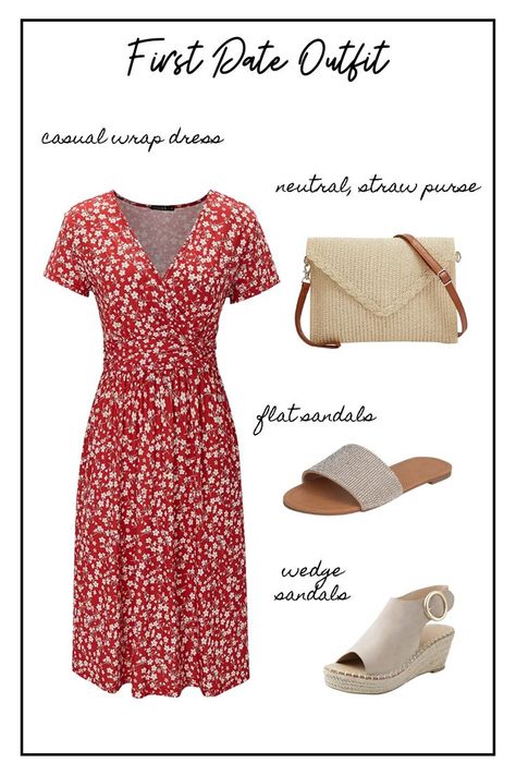 Best First Date Outfit, First Date Outfit Casual, Casual Wrap Dress, What Shoes To Wear, Feminine Outfits, Fashion Rules, First Date Outfits, Simple Sandals, On Date