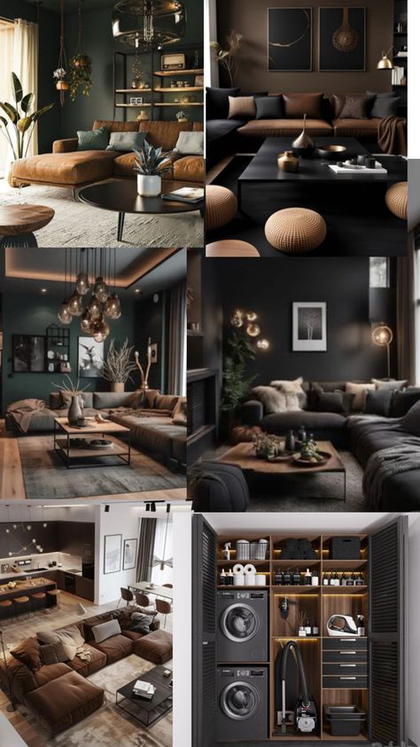 Droom Bachelor Pad Living Room Ideas For Men, Bachelor House Decor Living Rooms, Apartment Decor Inspiration Men, Dark Luxury Interior Design, Black And Brown House Interior Design, Apartment Esthetics, Dark House Decor, Bachelor House Decor, Mens Apartment Decor Masculine Interior