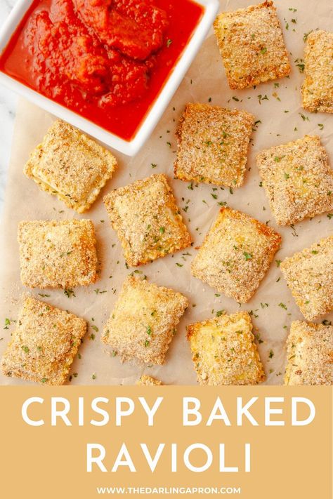 Crispy Baked Ravioli on brown parchment with a white bowl of marinara sauce for dipping Frozen Ravioli Bake, Oven Toasted Ravioli, Baked Ravioli Appetizer, Crispy Baked Ravioli, Frozen Ravioli Recipes, Fried Ravioli Recipe, Cheese Ravioli Recipe, Baked Ravioli Recipe, Italian Bread Crumbs