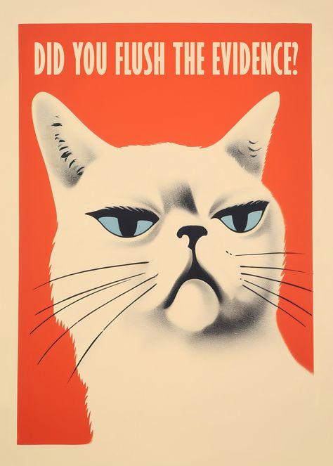 Indulge in the whimsical mystery of our intriguing poster, "The Feline Inquisitor: Did You Flush the Evidence?" This captivating artwork features a cat with a judgmental gaze, playfully questioning your bathroom etiquette with the bold inquiry, "Did you flush the evidence?"

The comical illustration captures the essence of feline curiosity and mischief, turning a routine activity into a detective-worthy moment. Suspicious Cat, Toilet Illustration, Prints For Bathroom, Bathroom Etiquette, Bathroom Illustration, Toilet Poster, Odd Art, Style Toilet, Cat Portrait Painting