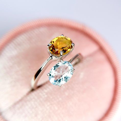 Aquamarine And Citrine Multi Stones Ring,925 Sterling Silver or 14k Gold,Blue Yellow Combination Ring,March And November Birthstone Ring Yellow Combination, November Birthstone Ring, Citrine Stone, November Birthstone, Aquamarine Rings, Gifts For Your Girlfriend, Solid Gold Jewelry, Black Rhodium, Multi Stone Ring