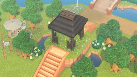 Animal Crossing New Horizons - elevated azumaya gazebo with water escapes around it. Love creating these little second floor areas, it really brings the place to life. This design in particular I was inspired by someone here on Pinterest and really happy with how it turned out! #acnh #animalcrossing #islandlife Gazebo Animal Crossing, Gazebo Ideas, Island Life, Second Floor, Animal Crossing, Gazebo, Layout, Flooring, Water