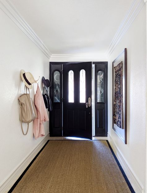 How To Paint A Paneled Door – The Homebody House Antique Entryway, Turquoise Cottage, Black Front Door, Dusty Blue Color, Bag Rack, Black Front Doors, Gallon Of Paint, Jute Runner, Jute Rug Runner