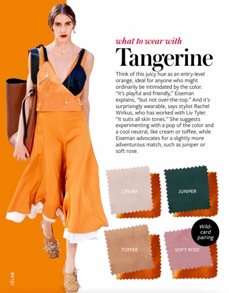 Tangerine  - Color Crash course Color Crash Course, Instyle Color Crash Course, Coat Blouse, Colour Combinations Fashion, Tangerine Color, Color Combinations For Clothes, Color Balance, Color Pairing, Blouse Pants