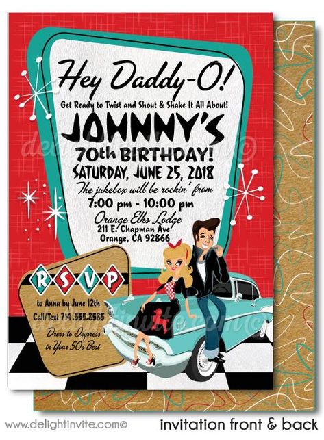 Retro Rockabilly 1950s Birthday Invitations 1950s Invitation, Grease Themed Parties, Vintage Car Birthday, 50s Theme, 50s Theme Parties, Bowling Party Invitations, Retro Couple, Rockabilly Party, Red And Aqua