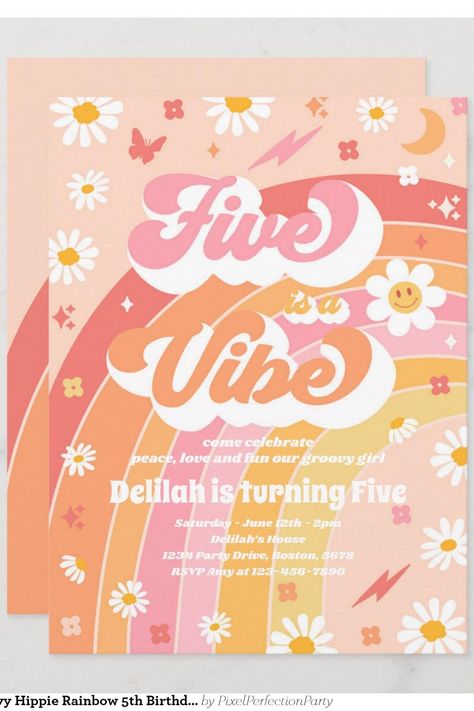 Five Is A Vibe Groovy Hippie Rainbow 5th Birthday Invitation Girl Birthday Themes 5th, Girl 5th Birthday Party Themes, Vibe Birthday Party, Five Is A Vibe, 5th Birthday Invitation, Hippie Birthday, Rainbow Birthday Invitations, Girl Birthday Themes, Rainbow Birthday