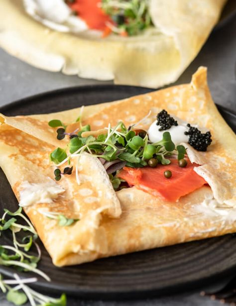 Salmon Crepes Recipes, Salmon Crepes, Poached Pears Recipe, Best Potato Recipes, Poached Pears, Crepe Recipes, Acorn Squash, French Onion, Sliced Almonds