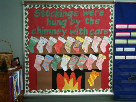 Each student decorated a stocking. Christmas Bulletin Board Decorations, Christmas Bulletin Board Ideas, December Bulletin Boards, Holiday Bulletin Boards, Christmas Bulletin Boards, Winter Bulletin Boards, Christmas Bulletin Board, Preschool Bulletin, Christmas Bulletin