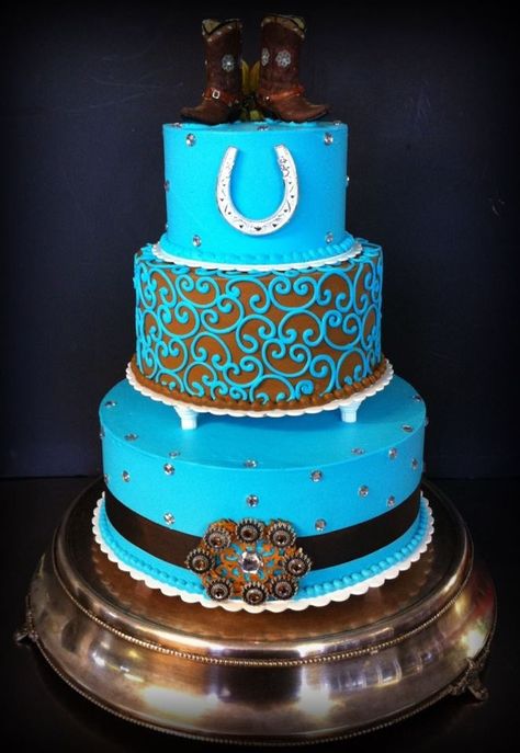 Teal and brown western wedding cake by Iris Candelaria Blue And Brown Wedding, Country Sweet 16, Western Wedding Cakes, Cowgirl Cakes, Country Western Wedding, Country Wedding Cakes, Horse Cake, Sweet 16 Cakes, 16 Cake