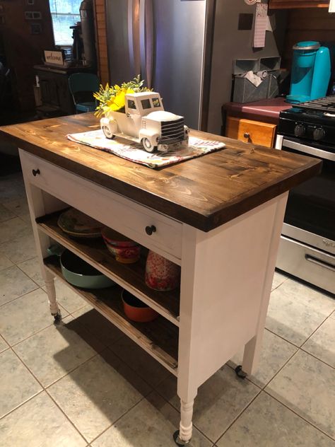 Dresser Made Into Kitchen Island, Turn A Dresser Into A Kitchen Island, Dresser Island Kitchen, Diy Dresser Kitchen Island, Dresser Into Island, Small Kitchen Island Ideas Diy, Redone Cabinets, Refurbished Dresser Into Kitchen Island, Dresser Kitchen Island Diy