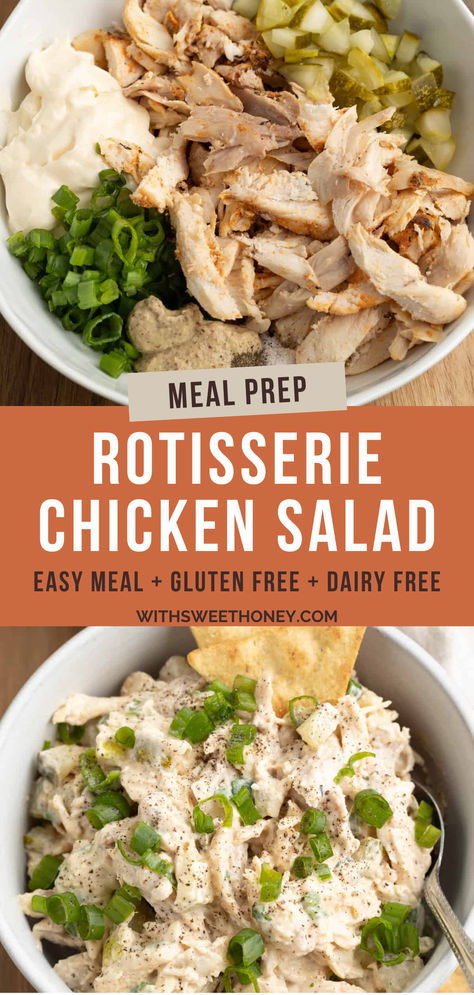 This easy rotisserie chicken salad is a guaranteed crowd-pleaser. Whether you're looking for a light lunch or a flavorful dinner option, this recipe will become your go-to choice. Made with protein-packed chicken, mayo, dill pickles, green onion and stone ground mustard. It is also gluten free, dairy free and easily made paleo friendly! #chickensalad Healthy Chicken Salad Dairy Free, Gluten Free Dairy Free Chicken Salad, Gluten And Dairy Free Chicken Salad, Dairy Free Recipes With Rotisserie Chicken, Healthy Dairy Free Recipes Lunch, Dairy Free Chicken Salad Recipe, Rotisserie Chicken Recipes Dairy Free, Dairy Free Chicken Salad, Gluten Free Chicken Salad Recipe