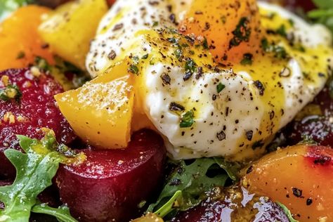 Roasted Beets, Burrata, and Arugula Salad with Citrus Vinaigrette Dijon Vinaigrette, Burrata Salad, Citrus Vinaigrette, Burrata Cheese, Autumn Salad, Arugula Salad, Roasted Beets, Light Lunch, Arugula