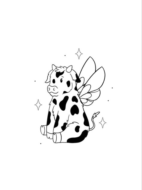 Cow Poster Design, Cow Flash Tattoo, Fairy Cow Tattoo, Fairy Animal Tattoo, Mini Cow Tattoo, Joke Tattoos, Cow Drawing Cute, Little Cow Tattoo, Cute Cow Tattoo