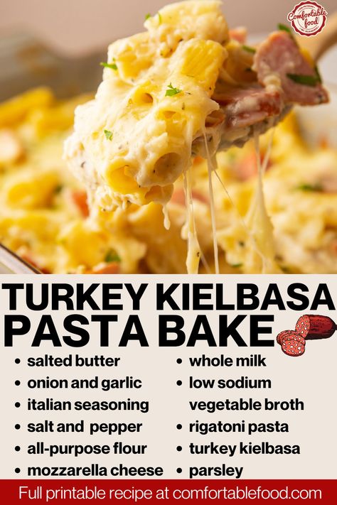 This delicious turkey Kielbasa pasta bake recipe is a one-pan dish that is ready in under 40 minutes. It's packed with flavor from the smokey sausage and rich sauce and is a comforting dish that the whole family will love! Kalbasa Recipes, Turkey Kielbasa Recipes, Turkey Kielbasa, Kielbasa Pasta, Baked Pasta Dishes, Pasta Bake Recipe, Kielbasa Recipes, Baked Pasta Recipes, Kielbasa