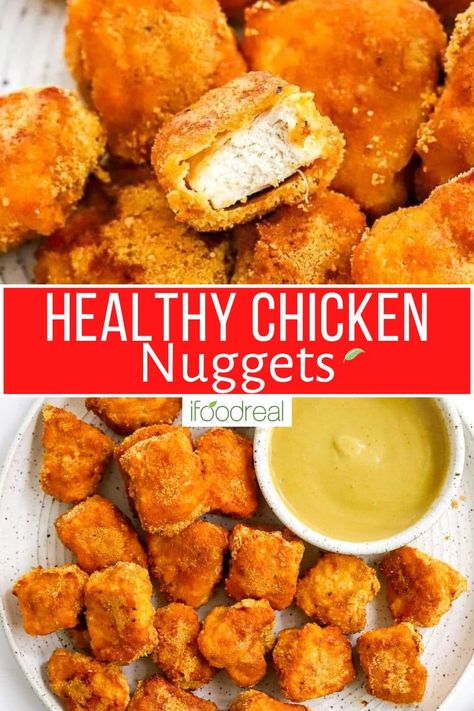 Healthy Chicken Nuggets - iFoodReal.com Healthy Ranch Dressing, Healthy Chicken Nuggets, Buffalo Chicken Bites, Delicious Crockpot Recipes, Frozen Chicken Nuggets, Baked Chicken Nuggets, Making Chicken, Healthy Baked Chicken, Healthy Honey