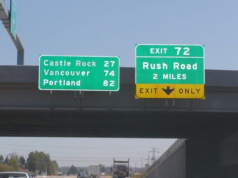 I-5 Exit 72- Rush Road I-5 Mileage sign (Castle Rock/Vancouver/Portland) City Signage, Road Trip America, Interstate 5, Lakeside Park, Interstate Highway, Exit Sign, Family Is Everything, Castle Rock, Road Signs