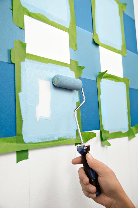 Painting Squares On Walls, How To Paint Gingham Pattern, How To Paint Checkerboard Pattern, Pattern Accent Wall, Gingham Wall, Checkerboard Wall, Nursery Idea, Colorful Room Decor, Kitchen Wall Decals