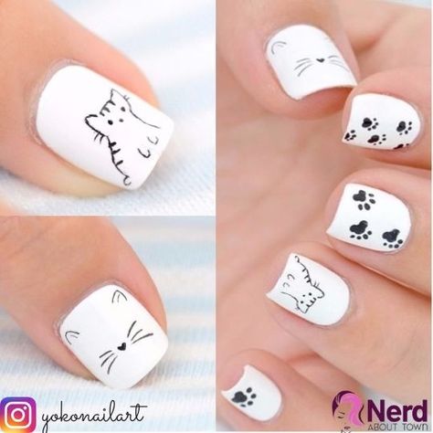 Cat Nail Designs, Cat Nail Art, Manikur Kuku, Hair White, Animal Nails, Nails White, White Nail Designs, Cat Nails, Cute Nail Art