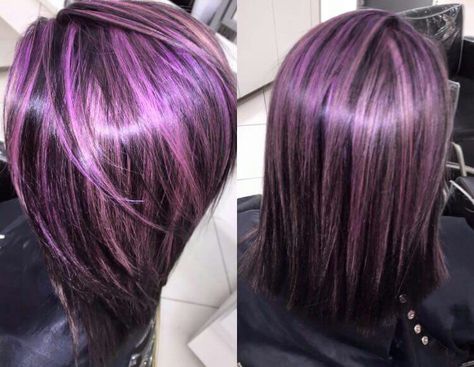 My purple highlights done at The Salon in Ulta Dark Purple Hair With Light Purple Highlights, Purple Hair Highlights Wolfcut, Dark Purple Hair With Highlights, Purple Hair With Highlights, Purple Chunky Highlights, Purple With Highlights, Light Purple Highlights, Purple Highlights Brown Hair, Purple Hair Streaks