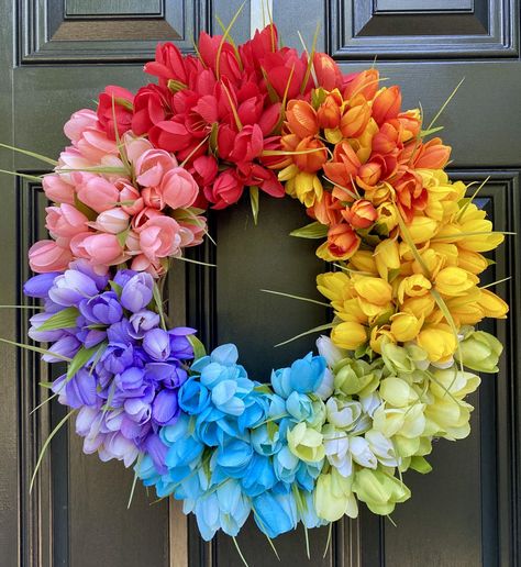 Happy Pride month! 🏳️‍🌈 Spring Front Door, Round Wall Decor, Rainbow Wreath, Spring Front Door Wreaths, Mothers Day Decor, Tulip Wreath, Wreath Maker, Decor Spring, Front Door Wreath