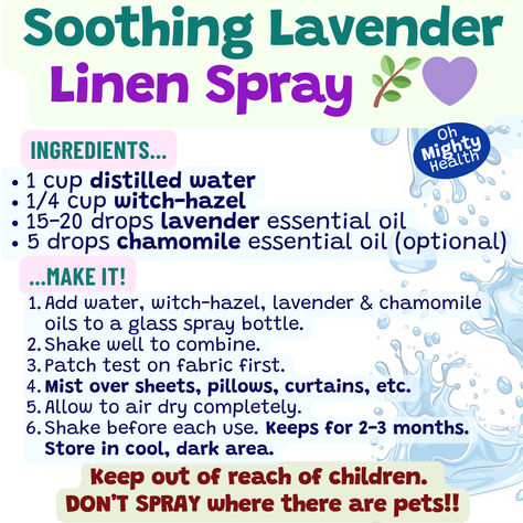 Graphic card DIY cleaning product natural spray, llinen, soothing lavender linen spray recipe step by step. Diy Antibacterial Fabric Spray, Diy Essential Oil Fabric Spray, Natural Linen Spray, Linen Spray Recipe, Linen Spray Essential Oils, Diy Linen Spray, Scent Profiles, Lavender Linen Spray, Bath Diy