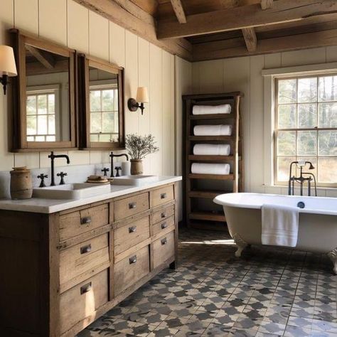 Rustic Bathroom With Clawfoot Tub, Moody Farmhouse Bathroom, Farmhouse Bathroom Cabinet, Bathroom Cabinet Ideas, Country Bathroom Designs, Farmhouse Bathroom Accessories, Rustic Bathroom Ideas, Rustic Farmhouse Bathroom, Farmhouse Bathroom Decor Ideas