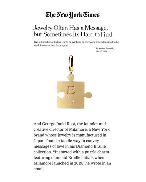 Thank you to @nytimes 🗞️ for featuring our Diamond Braille Collection in their article about hidden messages in jewelry! Your words, your message, your style—that's the Diamond Braille Collection.⁠ ✍️words by @vikavickyvictoria⁠ Braille Jewelry, Hidden Messages, Your Message, May 17, Ny Times, Your Style, Fine Jewelry, Thank You, On Instagram