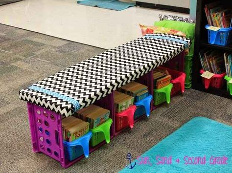 Or a DIY crate bench.  This would be great for a reading nook in my sons bedroom. They have these crates available at 5 Below! Crate Bench, Classroom Layout, Classroom Organisation, Classroom Projects, Diy Classroom, First Grade Classroom, New Classroom, Creative Classroom, Classroom Library