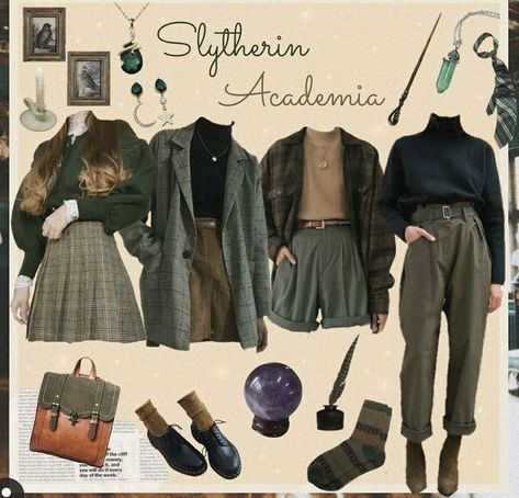 Dark Academia Harry Potter Outfits, Hogwarts Dress Inspired Outfits, Dark Academia Slytherin Outfit, Slytherin Dark Academia Outfits, Villan Era Hair, Hogwarts Academia Outfit, Hogwarts Style Inspired Outfits, Dark Green Academia Outfit, Green Academia Clothes