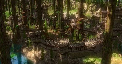 Inspiration for Euron the City on the Lake _ Elven woodland city Elven Buildings, Elf Architecture, Rainforest City, Fantasy Rainforest, Elven City, Mid Evil, Male Elf, Nine Tails, Star Galaxy