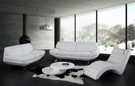 Modern White Leather Sofa, White Leather Furniture, White Sofa Set, White Living Room Set, Chaise Lounge Living Room, Monochrome Living Room, Modern White Living Room, Leather Sofa And Loveseat, Hanging Fireplace