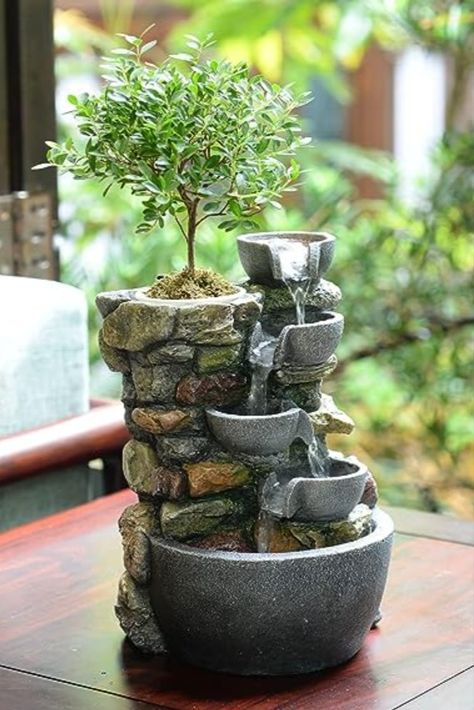 Haobos Indoor Fountain 4-Bowl Rockery Soothing Sound Tabletop Fountains Home/Office Decor with a Small Plastic Pot to Grow The Plant by Yourself(Automatic Watering)(22023) (paid link) Small Indoor Water Fountains, Desk Fountain, Table Fountain, Air Mancur, Self Watering Plants, Tabletop Water Fountain, Indoor Water Fountains, Indoor Waterfall, Tabletop Fountain