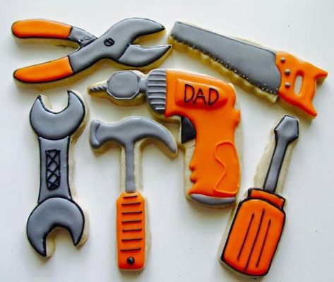 Tool Cookies, Construction Cookies, Cookies Decoradas, 3d Cookie, Man Cookies, Construction Party, Construction Tools, Cookies Decorated, Diy Baking