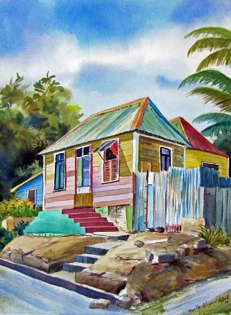 Discover the work of Barbados artist Neville LeGall who explains "I seek to capture the essence of Caribbean island life and culture. The opulent light and radiant colours of the region trigger an impulse which I simply cannot ignore." #Barbados #BarbadosArt #BarbadosArtists #CaribbeanArtists Caribbean Art Paintings, Chattle Houses, Barbados Painting, Barbados Art, Caribbean Paintings, Chattel House, Caribbean Artists, African Houses, Magnet Painting