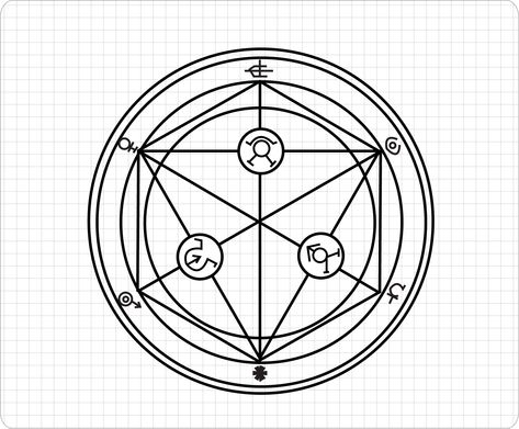 There are many alchemy circles, and I am giving you here a Fullmetal Alchemist Human Transmutation circle! Draw the circle. If you're drawing for the first time, draw on a big piece of paper/clothing using a plate. Paper Clothing, Transmutation Circle, Alchemic Symbols, Circle Tattoos, Geometric Tattoo Arm, Circle Symbol, Alchemy Symbols, Wolf Tattoo Design, Magic Symbols