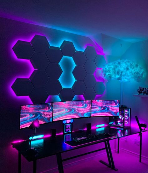 Led Gaming Room, Games Room Inspiration, Small Game Rooms, Gamer Setup, Blue Lighting, Smart Lights, Video Game Room Design, Computer Room, Computer Setup