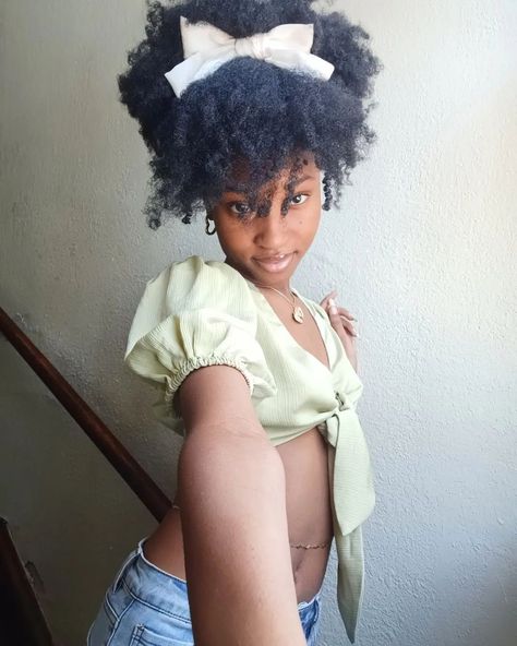 Bow In Natural Hair, Natural Hair With Ribbon, Ribbon Natural Hair, Bows In Natural Hair, Natural Hair With Bow, Hair Bows Black Women, Bows In Hair Black Women, Bow Natural Hairstyles, Bow Hairstyle Natural Hair