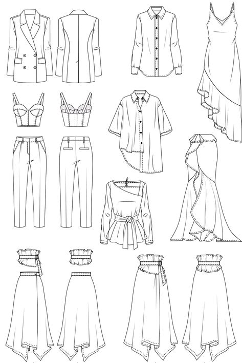 Sewing Drawing, Lukisan Fesyen, Flat Drawings, Fashion Figure Drawing, Fashion Design Template, Fashion Illustrations Techniques, Fashion Drawing Sketches, Fashion Drawing Tutorial, Fashion Design Patterns