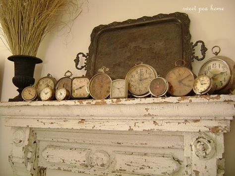 5 Ways Details Make a Difference-Decorating ideas and inspiration, including this idea from Sweet Pea Home Vintage Saat, The Mantle, Cottage Shabby Chic, Estilo Shabby Chic, Old Clocks, Style Deco, Fireplace Mantle, Vintage Clock, Look Vintage