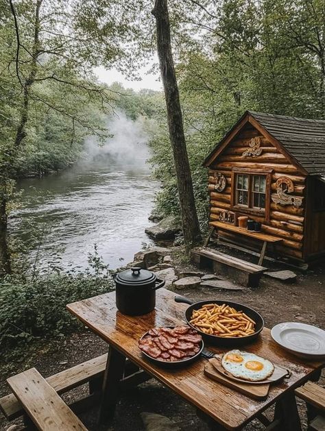 Bed And Breakfast Aesthetic, Cozy Cabin Decor, Creative Vision Boards, Mountain Cabins, Camping Breakfast, Breakfast Aesthetic, No Internet, Sarcasm Quotes, Country Cabin