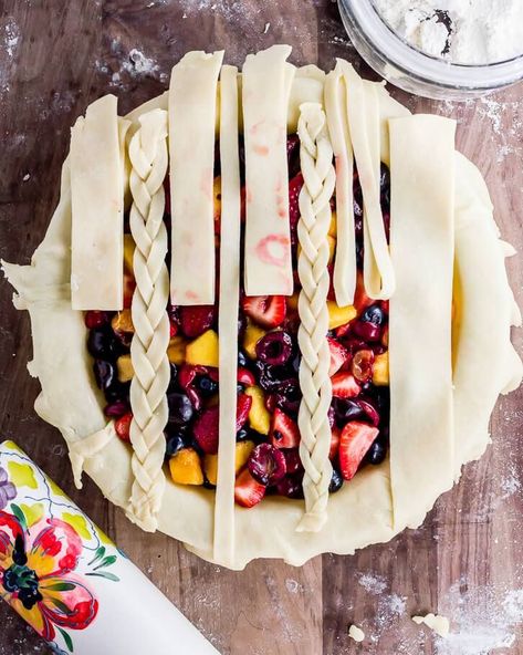 Cherry Berry Peach Pie with Braided Lattice Crust | Flour Covered Apron | Sweet cherries, sour cherries, blueberries, strawberries, and peaches come together in an all-butter lattice top pie crust for a summer dessert that stands out from the rest. #dessert #pie #lattice #peaches #cherries #summer #recipe Lattice Top Pie, Top Pie Crust, Pie Lattice, Peach Blueberry Pie, Strawberries And Peaches, Braided Pie Crust, Fruit Pie Recipe, Summer Fruit Desserts, Lattice Crust