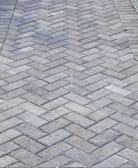 Grey Herringbone Brick Walkway Gray Pavers, Ranch Bathroom, Brick Paver Driveway, Grey Pavers, Herringbone Brick, Cobblestone Driveway, Brick Driveway, Brick Paver Patio, Forest Retreat