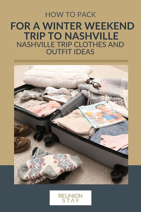 girl's luggage for a vacation What To Pack For A Weekend In Nashville, Nashville In December Outfits, What To Wear In Nashville In Winter, Nashville Winter, Essential Clothes, Weekend In Nashville, Nashville Vacation, Winter Packing List, Things To Do In Nashville