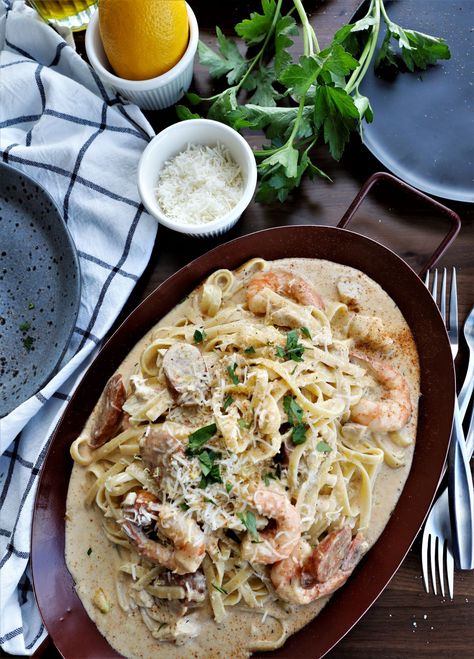 Chicken Shrimp Sausage Alfredo, Best Alfredo Pasta, Shrimp And Sausage Alfredo, Cajun Alfredo Sauce, Alfredo With Sausage, Cajun Shrimp And Sausage, Alfredo Fettuccine, Cajun Alfredo, Shrimp And Sausage Pasta