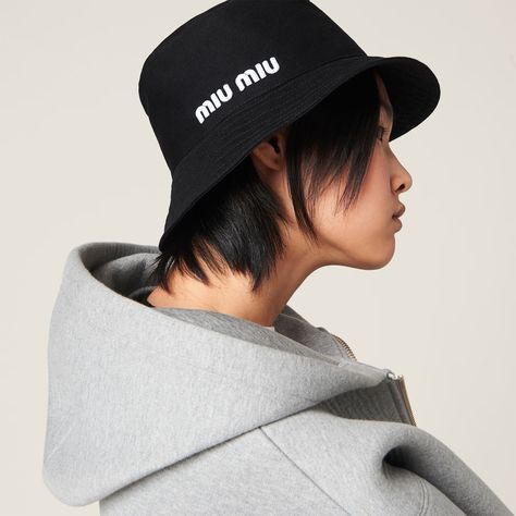 Black/white Drill Bucket Hat | Miu Miu Miu Miu Logo, Hat Outfit, Hair Inspiration Short, Bucket Hat Black, Wool Berets, Shetland Wool, Cocoa Brown, Outfits With Hats, Miu Miu