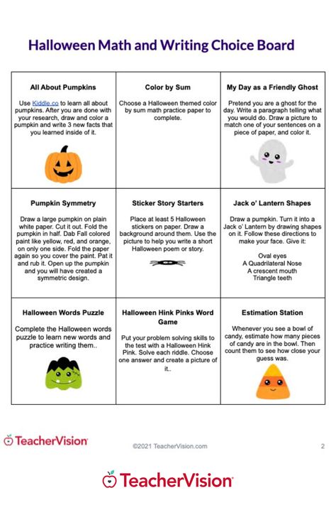 These Halloween activities choice choice board with math and writing activities for kindergarten through 4th grade are perfect for celebrating spooky in your classroom! Writing Activities For Kindergarten, Math Writing Prompts, Fun Halloween Math, Halloween Student, Halloween Writing Activities, Halloween Writing Prompts, Halloween Math Worksheets, Halloween Teaching, Halloween Math Activities